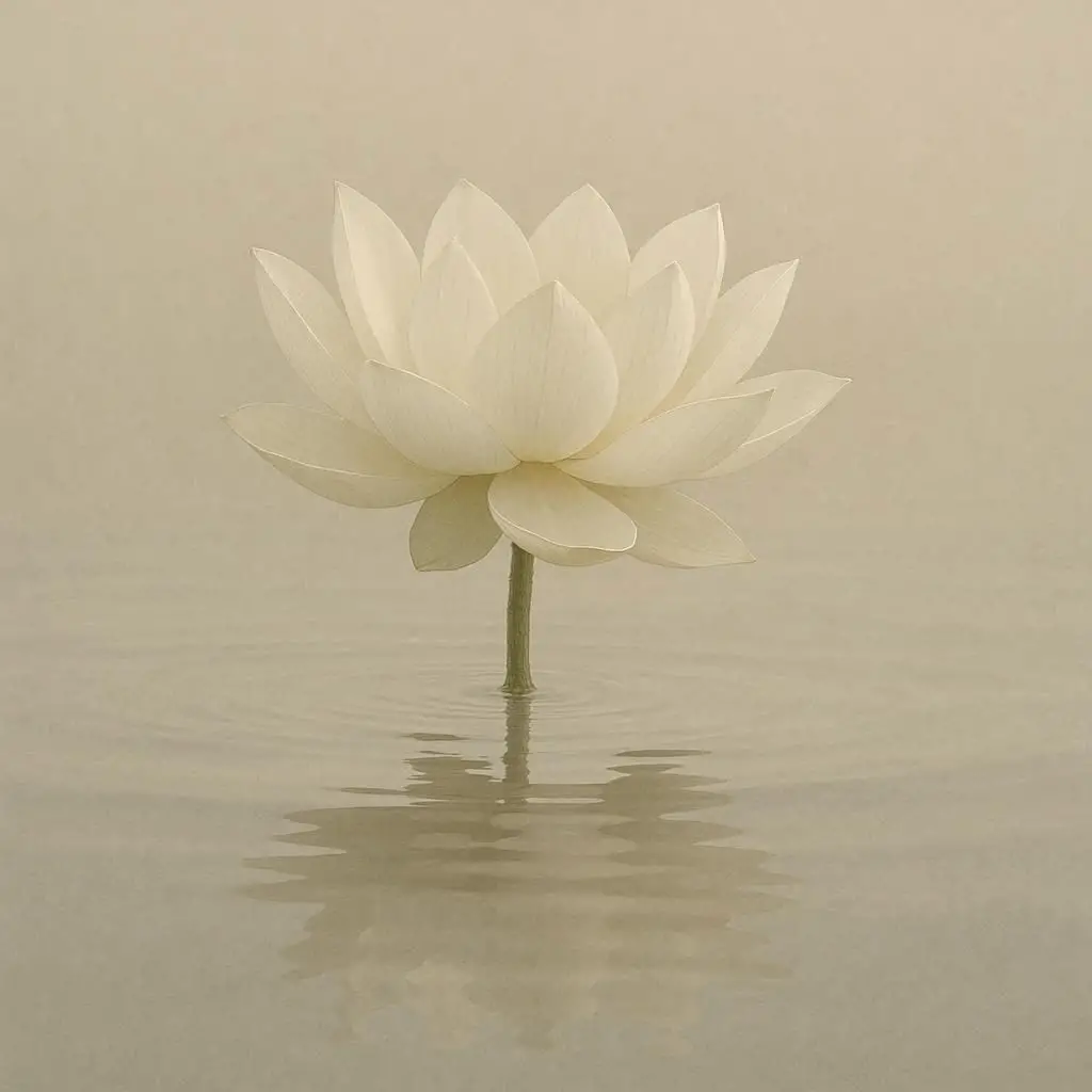 ilustração realista e minimalista de uma flor de lótus branca florescendo sobre águas calmas, simbolizando pureza e resiliência, iluminação natural suave, fundo suave, estética filosófica