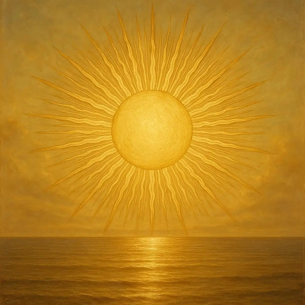 sol dourado radiante com raios detalhados sobre um horizonte calmo, iluminação suave e quente, simbolizando clareza e verdade, ilustração realista com uma atmosfera filosófica