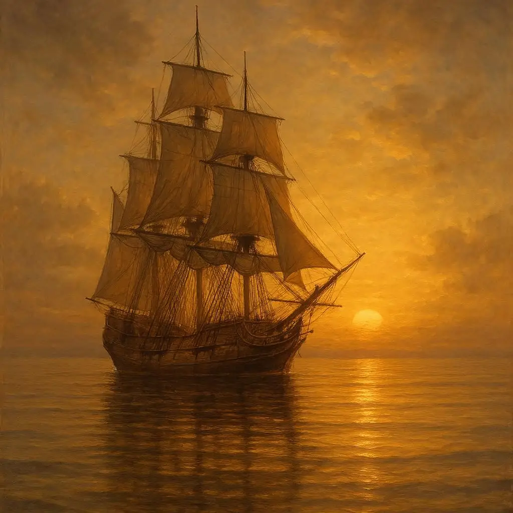 navio antigo de madeira navegando calmamente sob um pôr do sol dourado, símbolo da jornada da vida, reflexo realista da água, atmosfera atemporal e serena