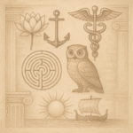 composição artística apresentando múltiplos símbolos estóicos dispostos harmoniosamente: uma flor de lótus branca, uma âncora, um caduceu, uma coruja, um labirinto, o sol e um antigo navio no mar, todos integrados em um fundo suave semelhante a um pergaminho com detalhes arquitetônicos gregos, estilo realista, porém minimalista, paleta de cores quentes e suaves, atmosfera filosófica e atemporal, alto nível de detalhes, composição equilibrada