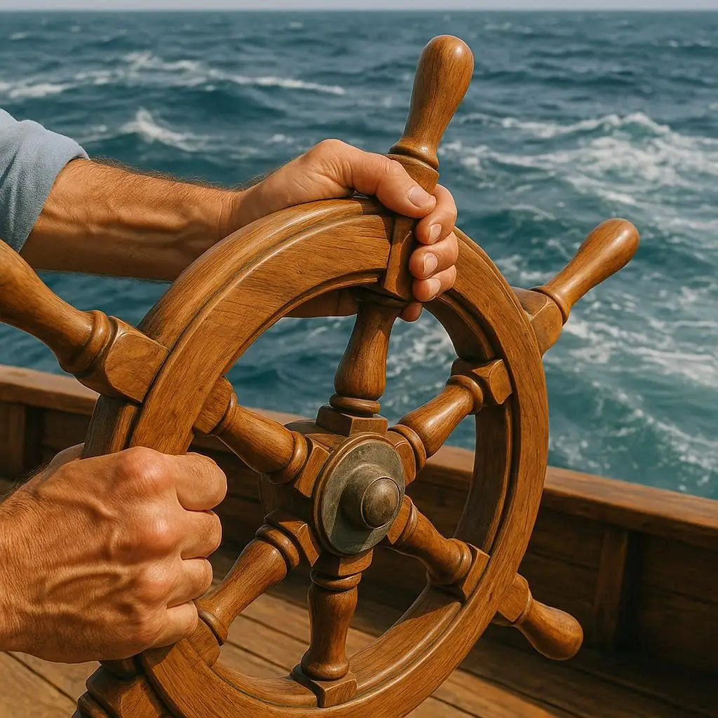 close-up de um leme de navio de madeira em um convés, mãos segurando-o firmemente, ondas do oceano ao fundo, simbolizando controle e direção, estilo realista