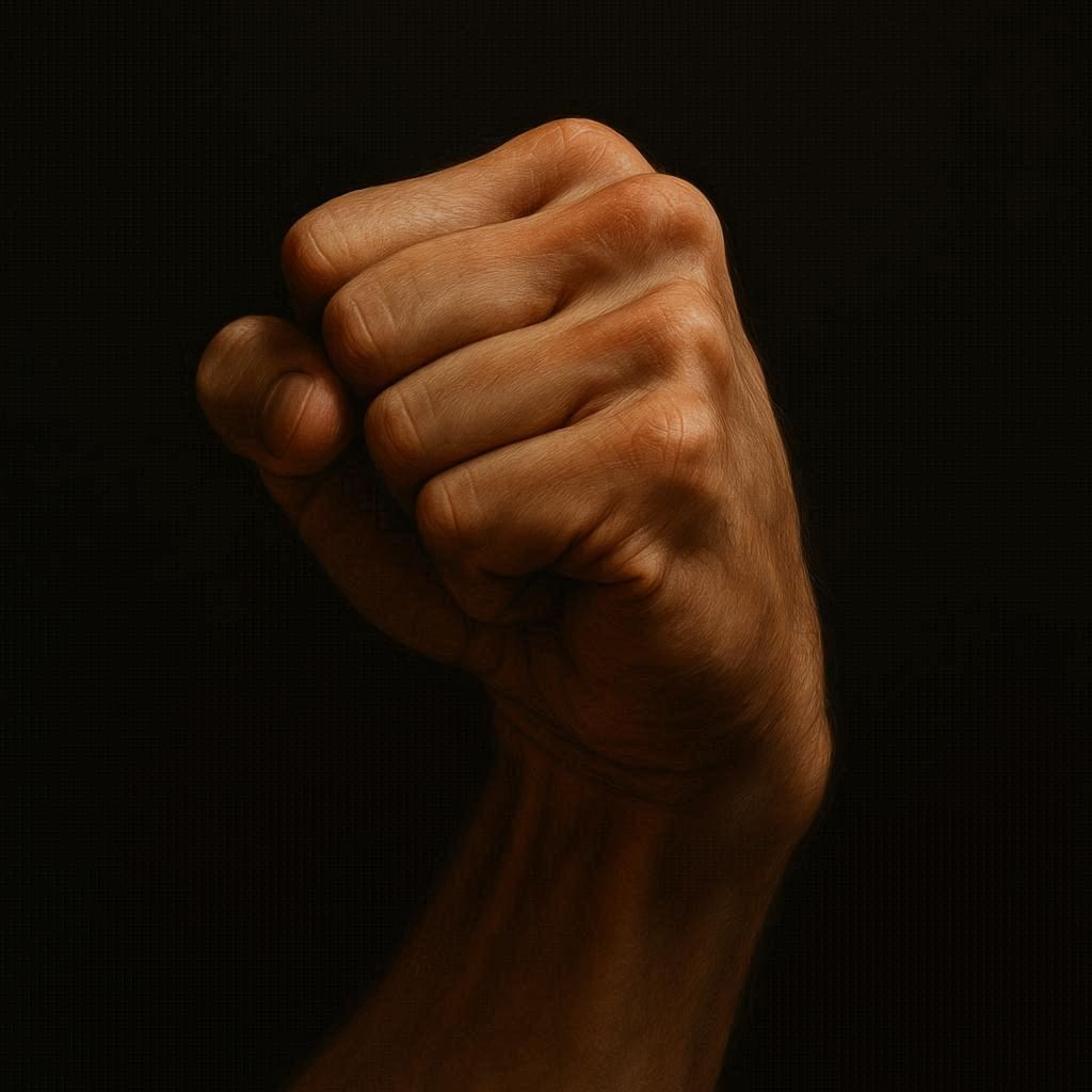 close-up de uma mão humana forte em punho cerrado, iluminada de lado, simbolizando disciplina e determinação, estilo realista minimalista