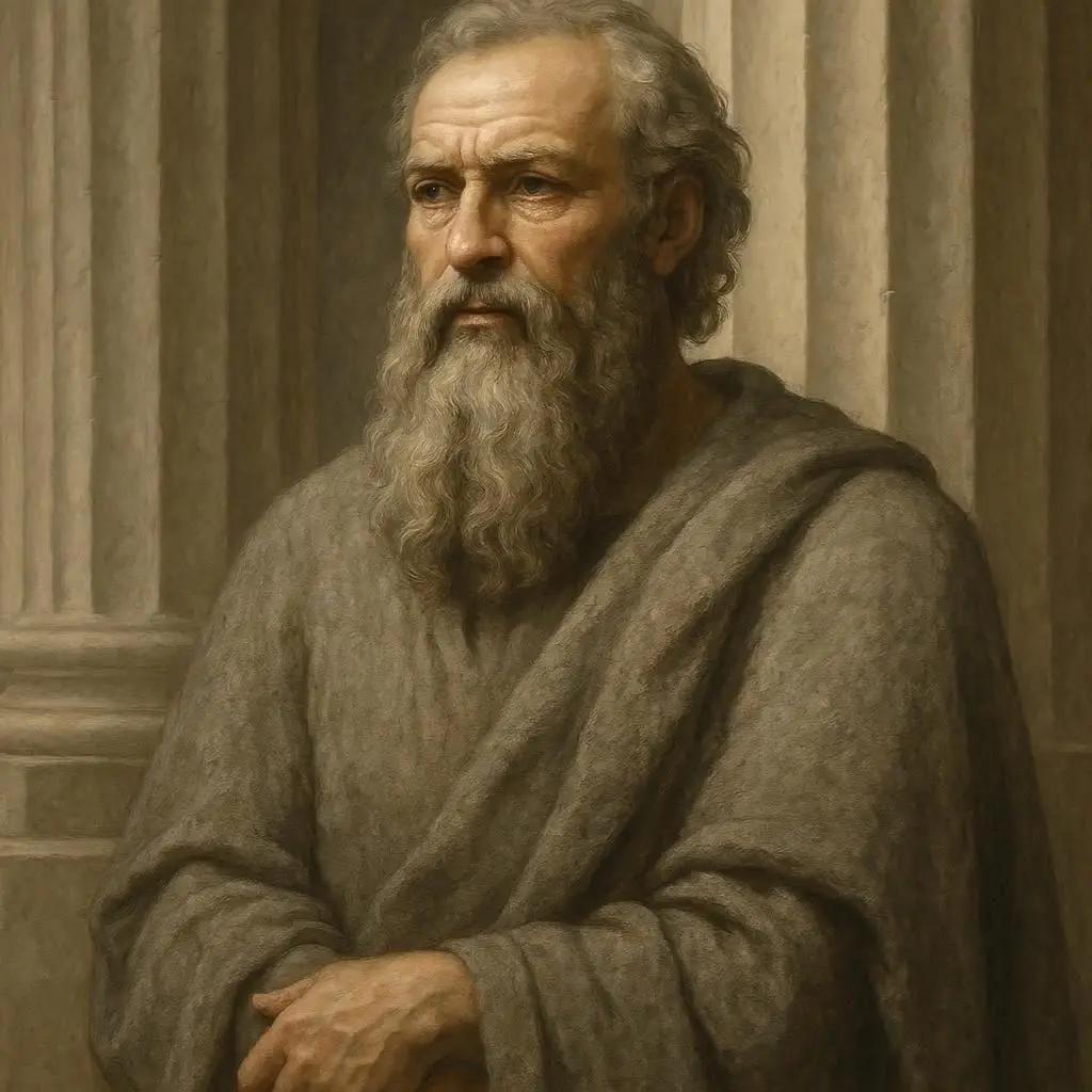 retrato de um antigo filósofo grego com uma longa barba vestindo uma capa cinza áspera, em pé em frente a colunas de mármore, estilo realista com sombras suaves
