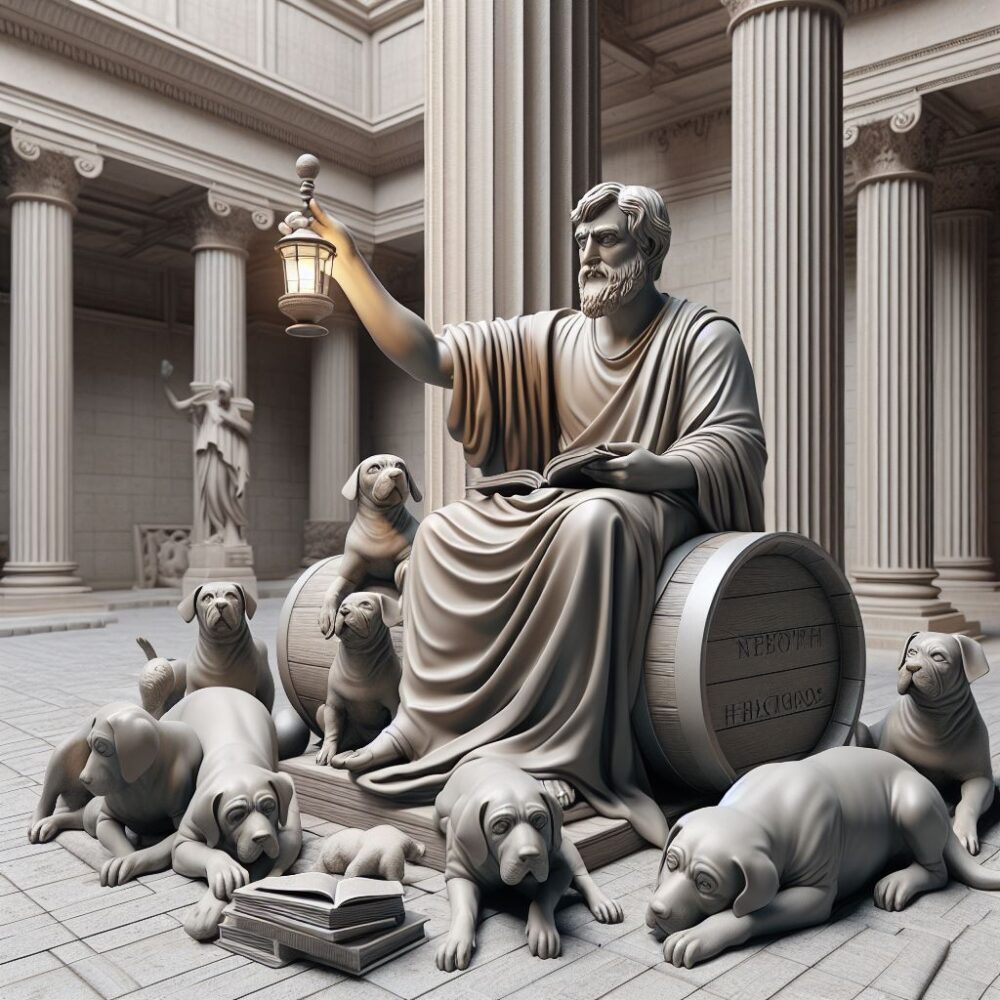 Diogenes de sinope, com baril e cachorros ao redor