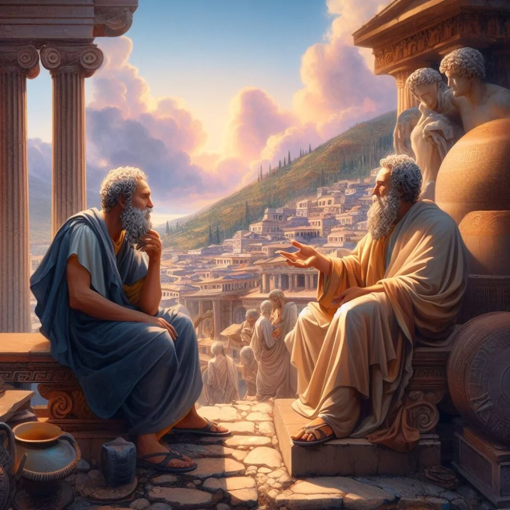 Filosofo Zenão de citio conversando com o filósofo Epicuro, ao fundo uma antiga cidade grega bem ambientada.
