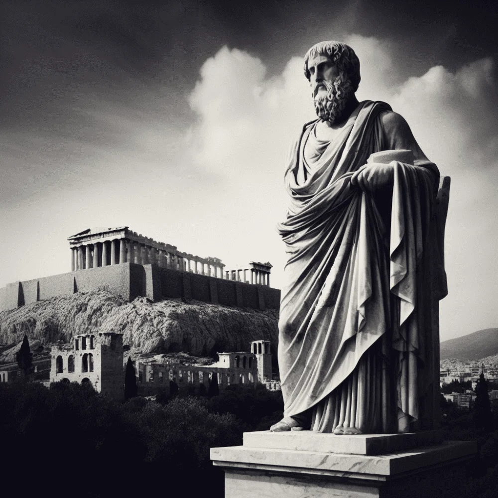 imagem de estatua de filosofo estoico, com monumento grego ao fundo.