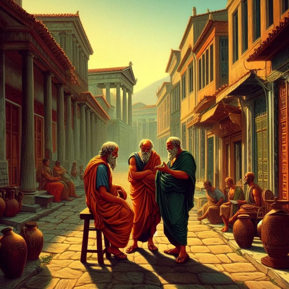 3 dos principais filósofos do estoicismo conversando em uma rua da atenas antiga.