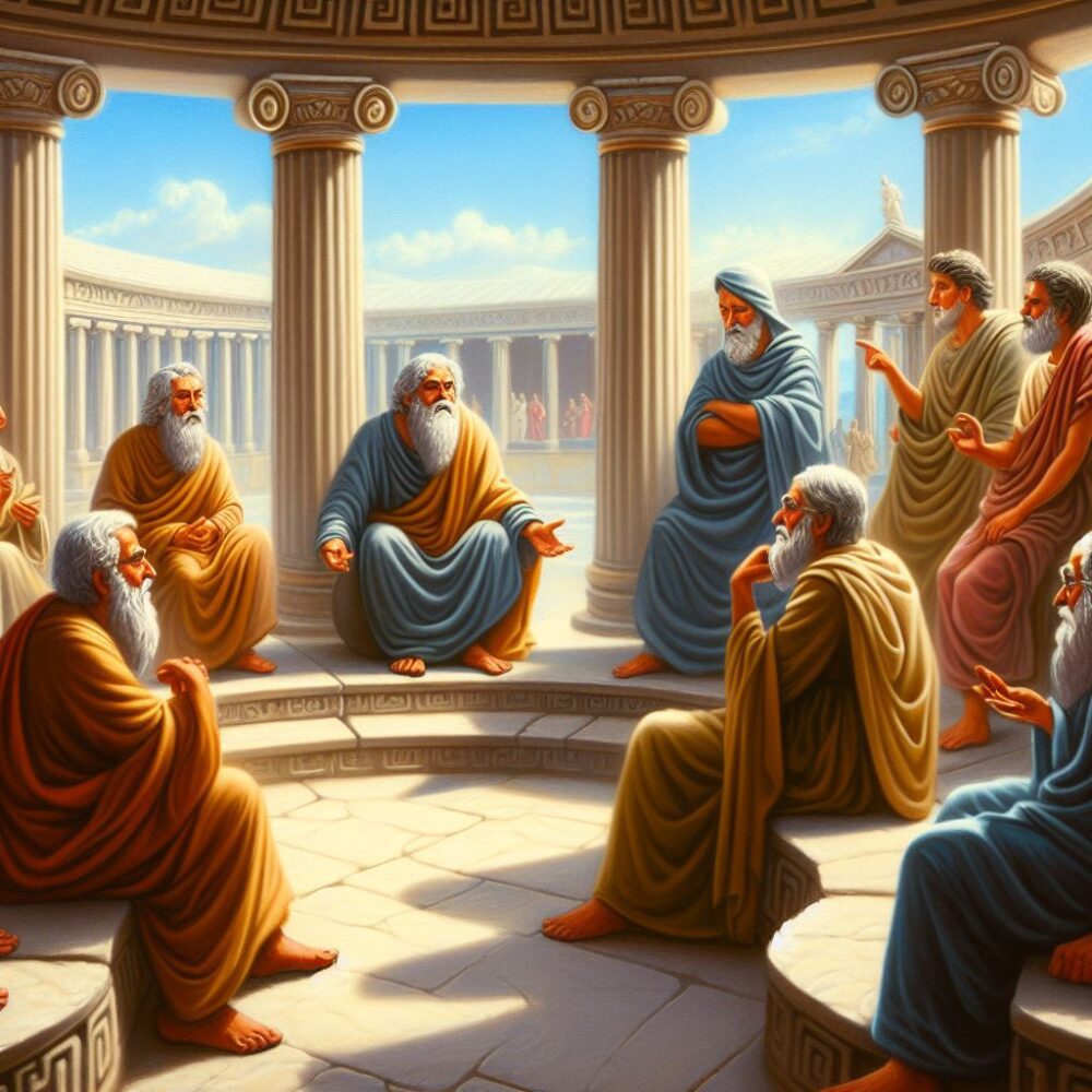 um filosofo estoico em uma stoa grega antiga, ele está conversando com outros filosofos