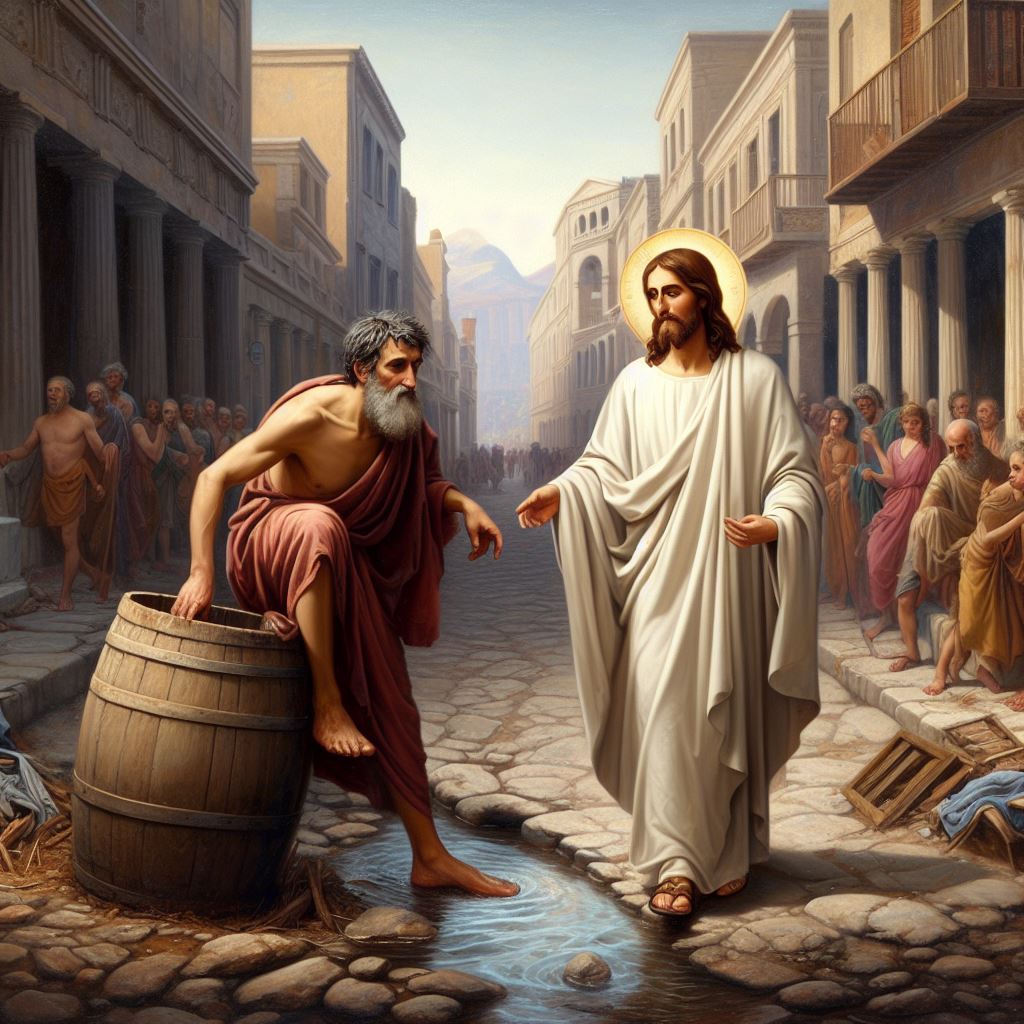 jusus caminhando sobre as ruas da grécia antiga.