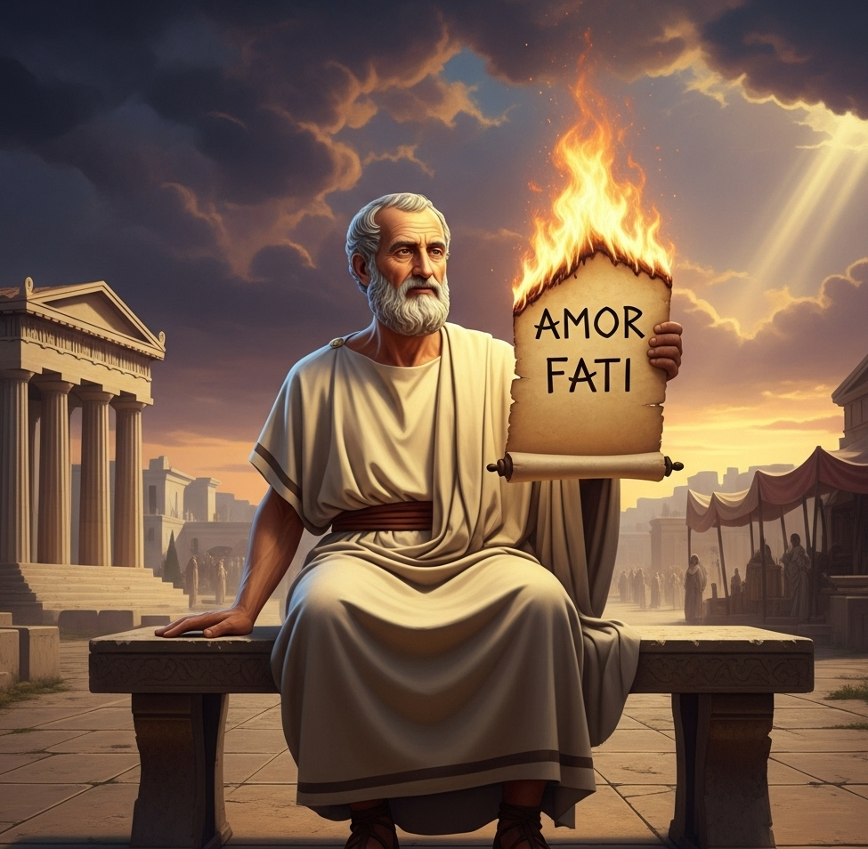 Filósofo estoico sosteniendo una hoja de papel con la inscripción "Amor fati"